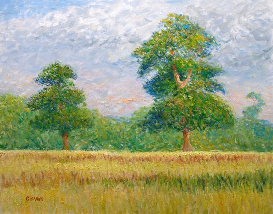 Two Oak Trees in a Field impressionist oil painting