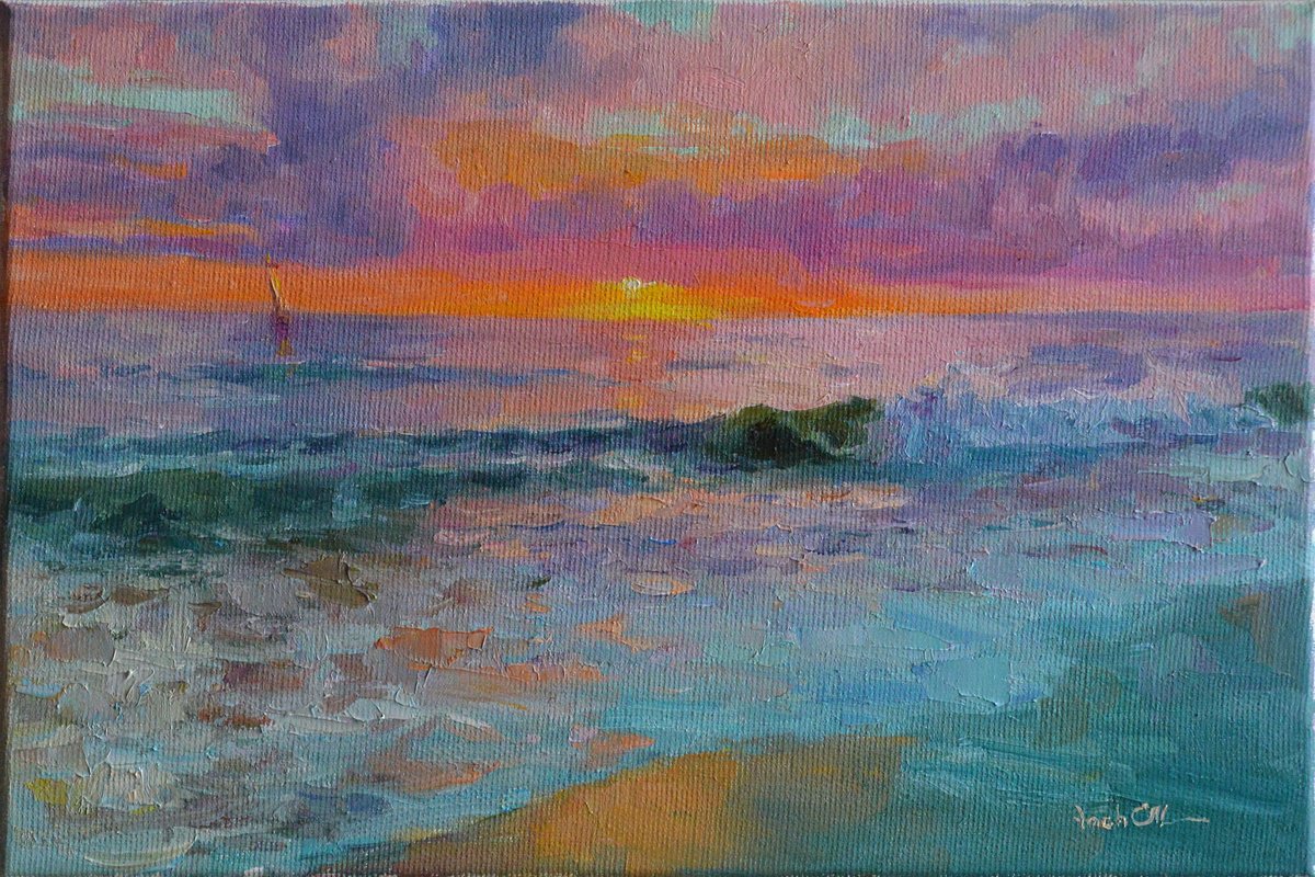 Impressionistic Landscape Oil Painting By Vachagan Manukyan, 12 X 8", Sunset, Original Artwork
