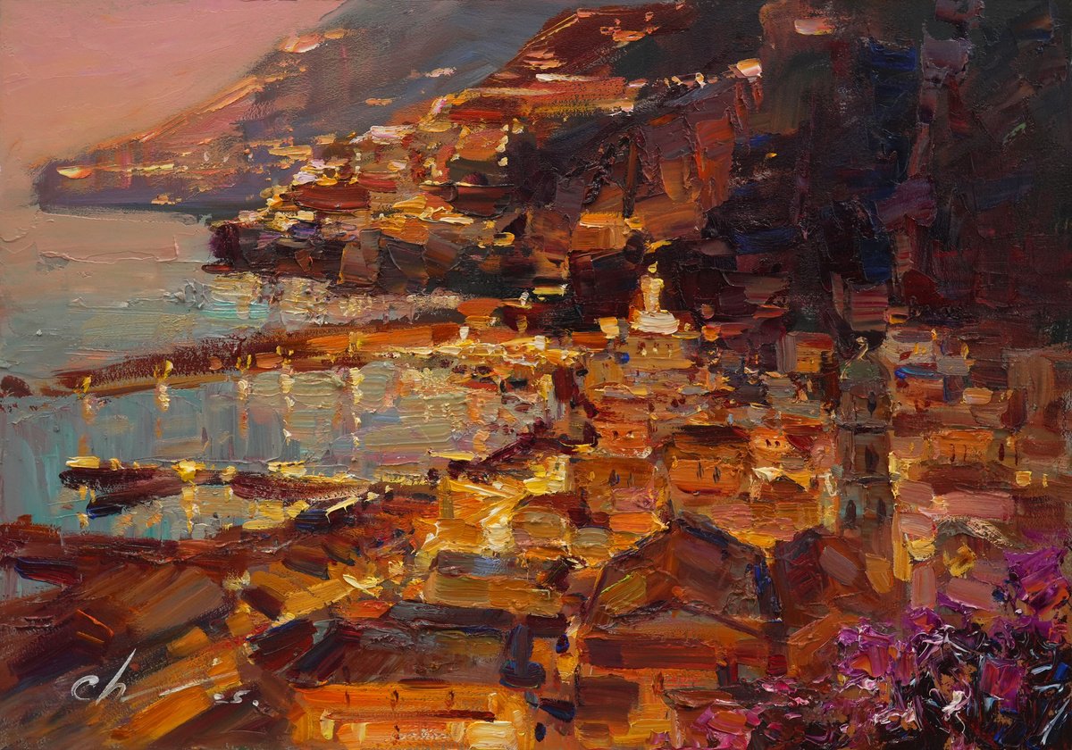 Impressionistic Landscape Oil Painting By Serhii Cherniakovskyi, 20 X 14", The Evening Magic Of The Amalfi Coast, Artfinder