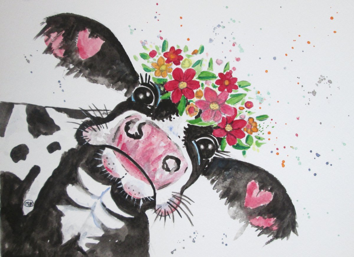 Expressive Animal Watercolour By Marjansart, 12 X 9", Cow With Flower Crown, Original Artwork