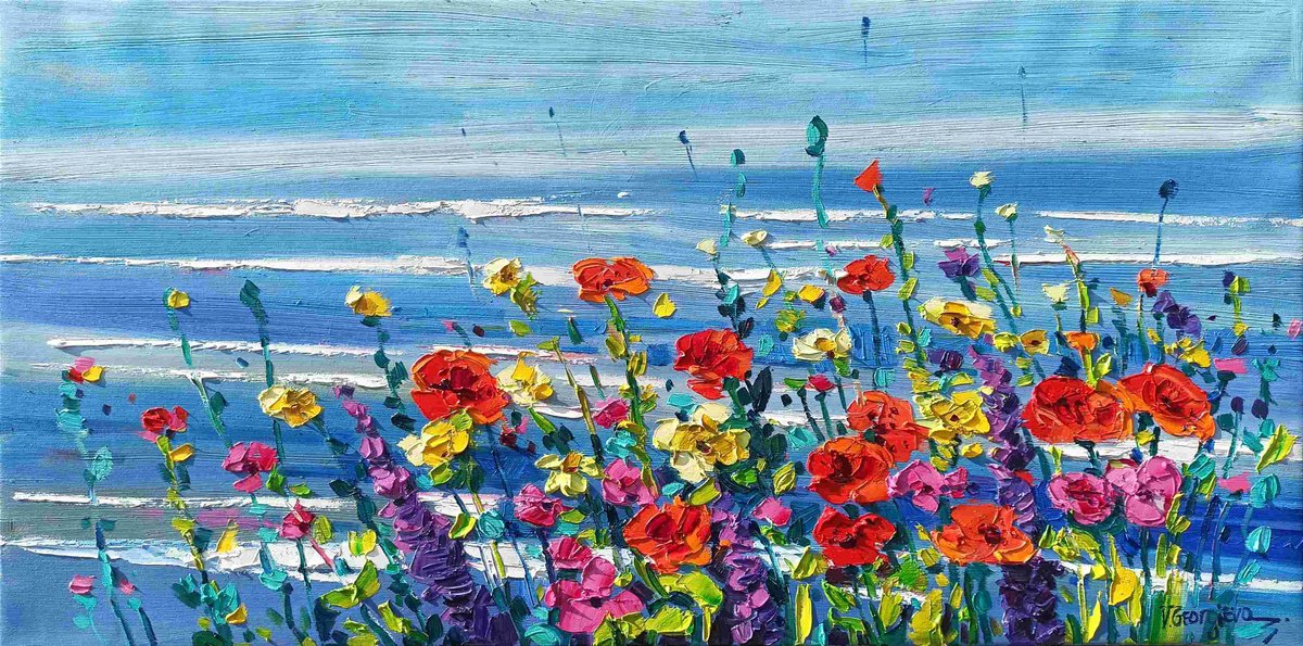 Impressionistic Landscape Oil Painting By Vanya Georgieva, 31 X 16", Flowers On The Coast, Original Artwork