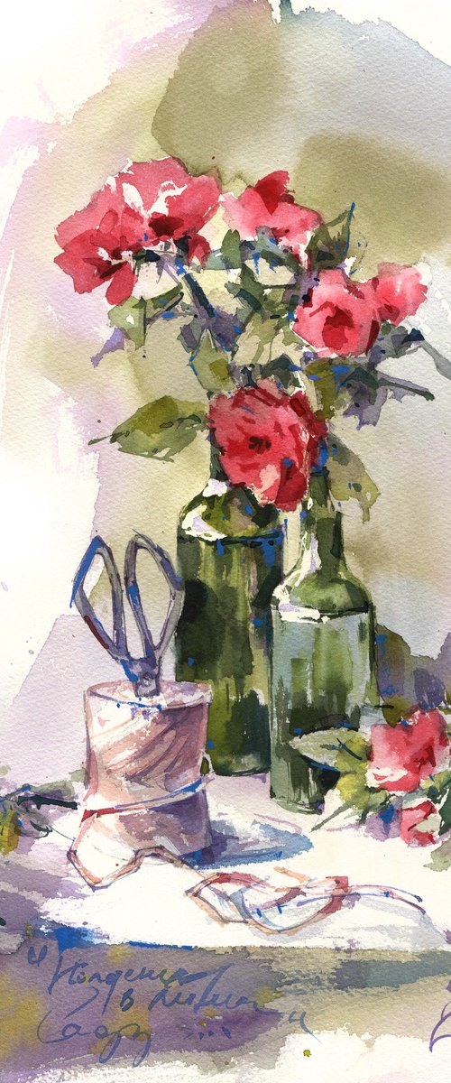 "Afternoon in a summer garden" still life with roses and green bottles by Ksenia Selianko