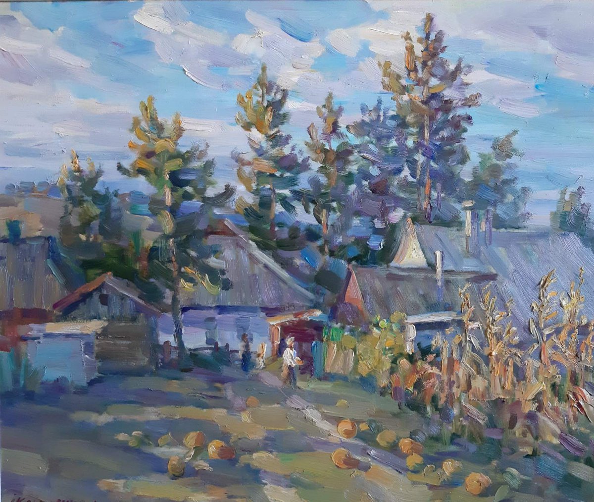 Impressionistic Landscape Oil Painting By Ivan Kovalenko, 26 X 22, The Yard, Original Artwork