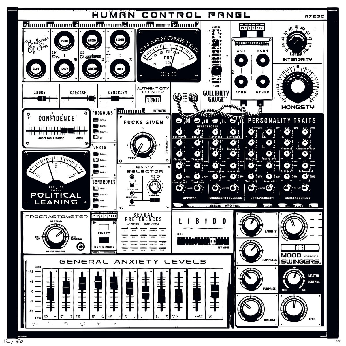 Illustrative Screenprint , Human Control Panel A723C By Dex, 20 X 20, Artwork For Sale On Artfinder
