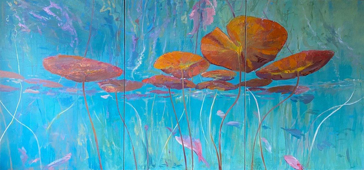’Lilies Surfacing’ Triptych Oil Painting by Simon Jones