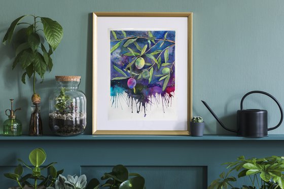 Olives on a dark background - original watercolor, falling paint