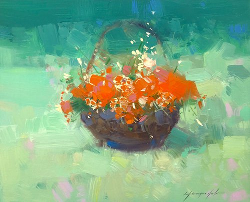 Basket of flowers, Original oil painting, Handmade artwork, One of a kind by Vahe Yeremyan