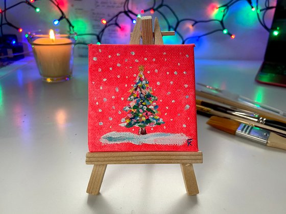 Christmas tree original mini acrylic painting on canvas, New Year pine tree picture on easel