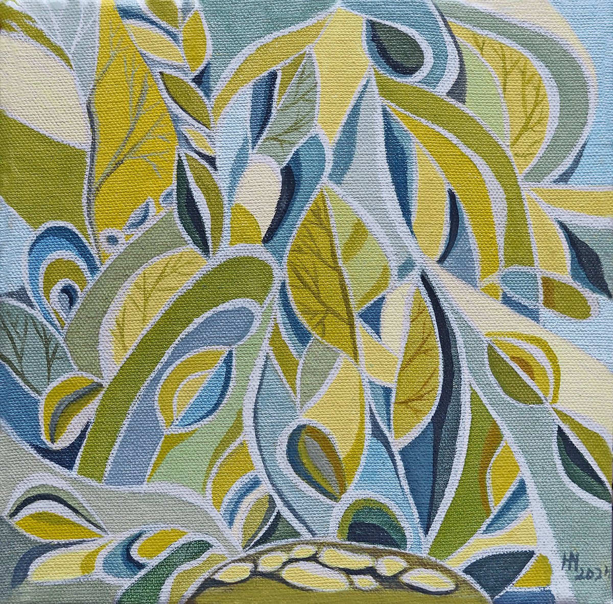 Geometric Abstract Oil Painting By Aniko Hencz, 8 X 8, Abstract Nature Ii., Original Artwork