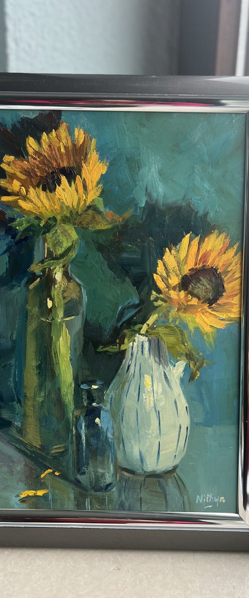 Sunflowers on deep blue by Nithya Swaminathan