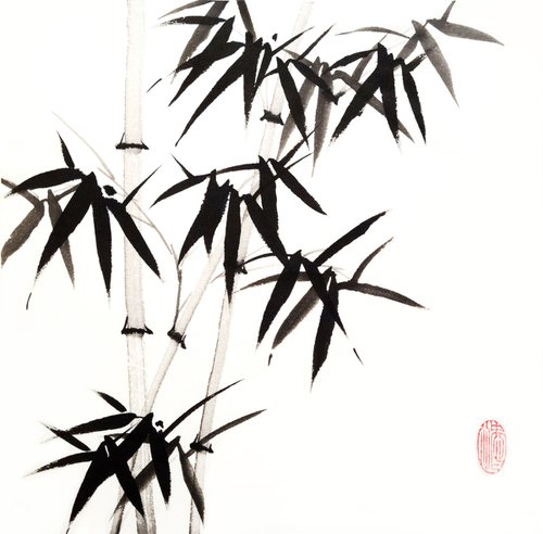Three bamboos - Bamboo series No. 2110 - Oriental Chinese Ink Painting by Ilana Shechter