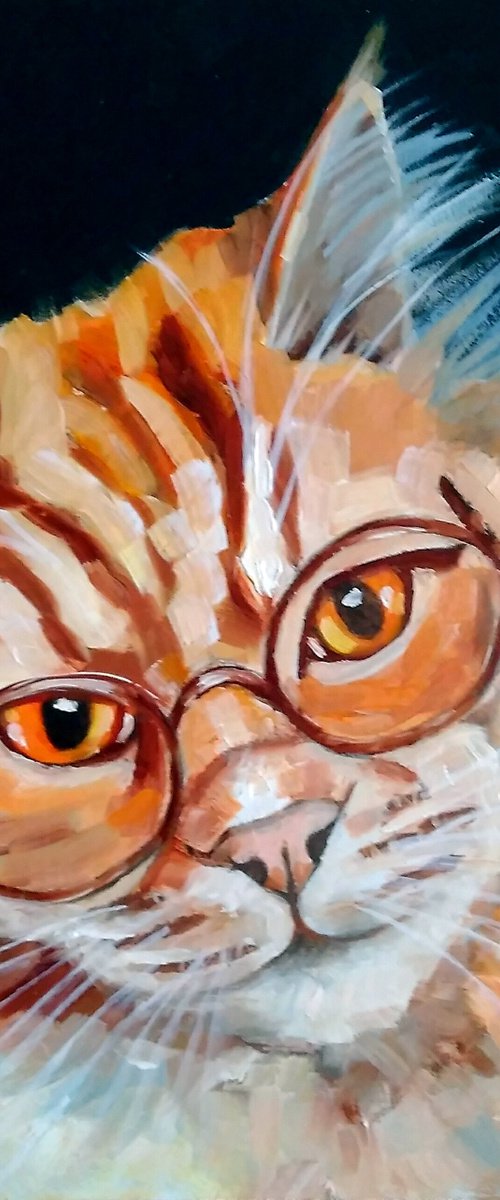 Learned Cat Oil Painting Ginger Artwork Original Pet Wall Art by Yulia Berseneva