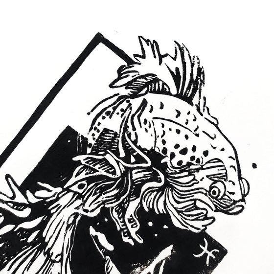 Zodiac: Pisces- illustration print- linocut print