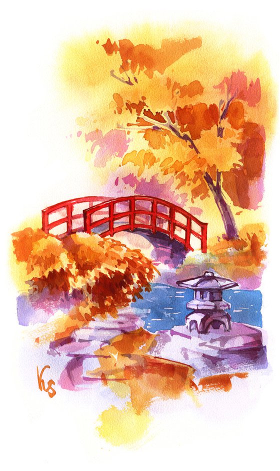 "Japanese autumn landscape with red bridge" original watercolor artwork illustration