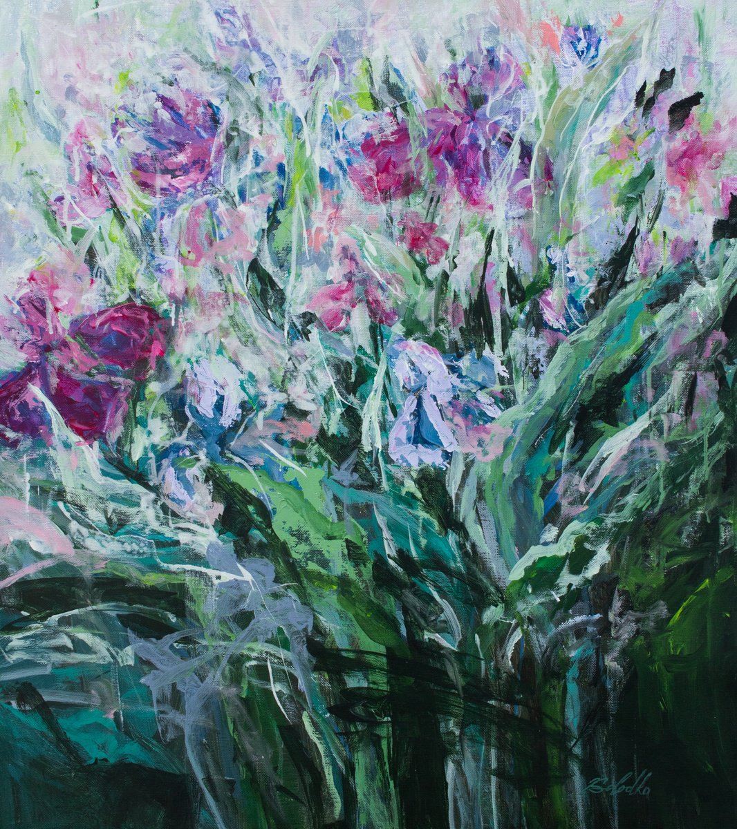 Impressionistic Botanical Acrylic Painting By Katia Solodka, 24 X 28", Dancing Petals In Spring, Original Artwork