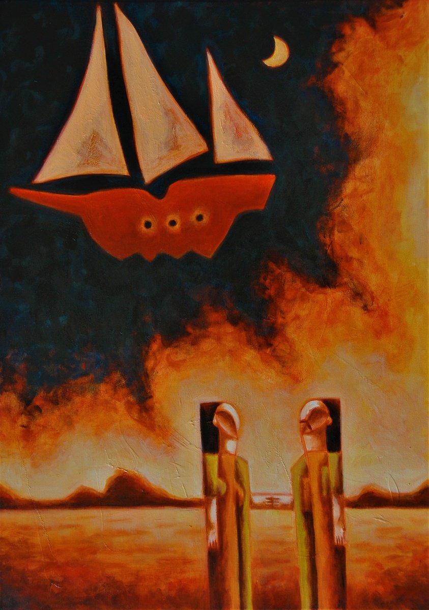 Surrealistic Portrait Oil Painting By Malasits Zsolt, 20 X 28", Love Ship, Original Artwork