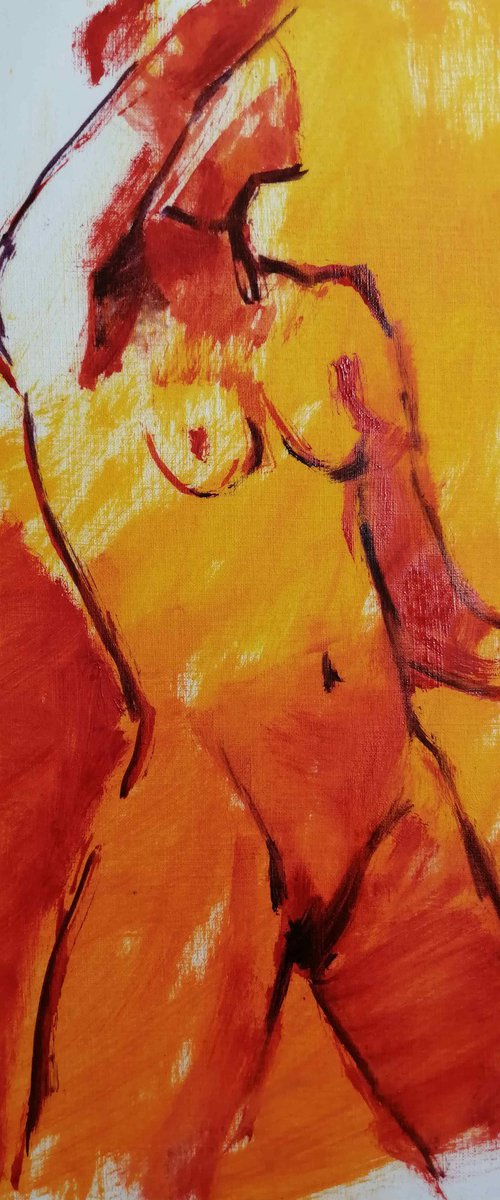 Nude yellow study women oil on paper by Olga David