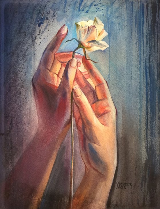 Fragility of the world. Drawing of the hands. Spring painting. No war.