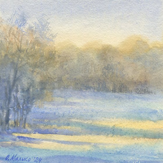 Azure spring morning / ORIGINAL watercolor ~8x8in (20x20cm) Blueish landscape Square picture