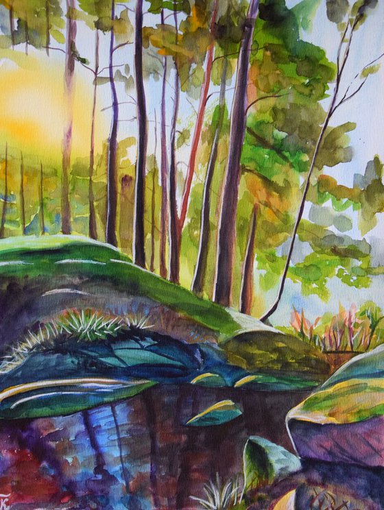 Norway watercolor painting Norwegian forest, sun rays through trees and stream