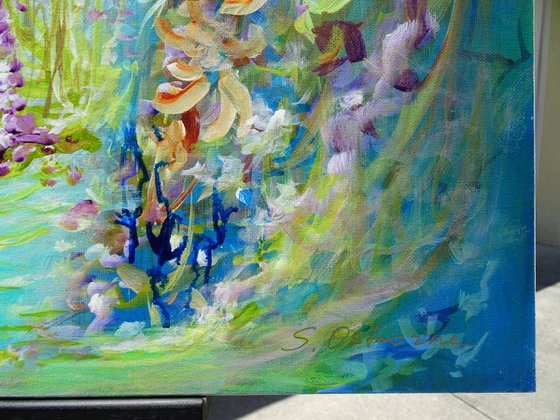 Abstract Landscape "Magic Forest" Painting. Floral Abstract Tropical Flowers and Birds. Original Blue Teal Green Painting on Canvas. Modern Impressionism Art