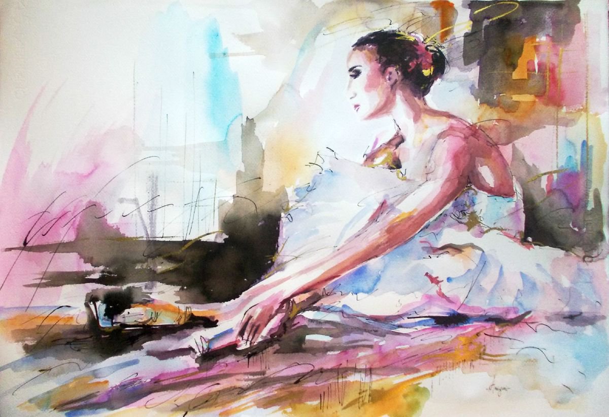 Ballet Dreams II- Ballerina Watercolor Painting on Paper by Antigoni Tziora