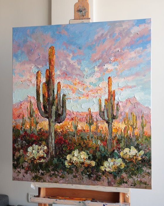 Cacti in the Desert at Sunset