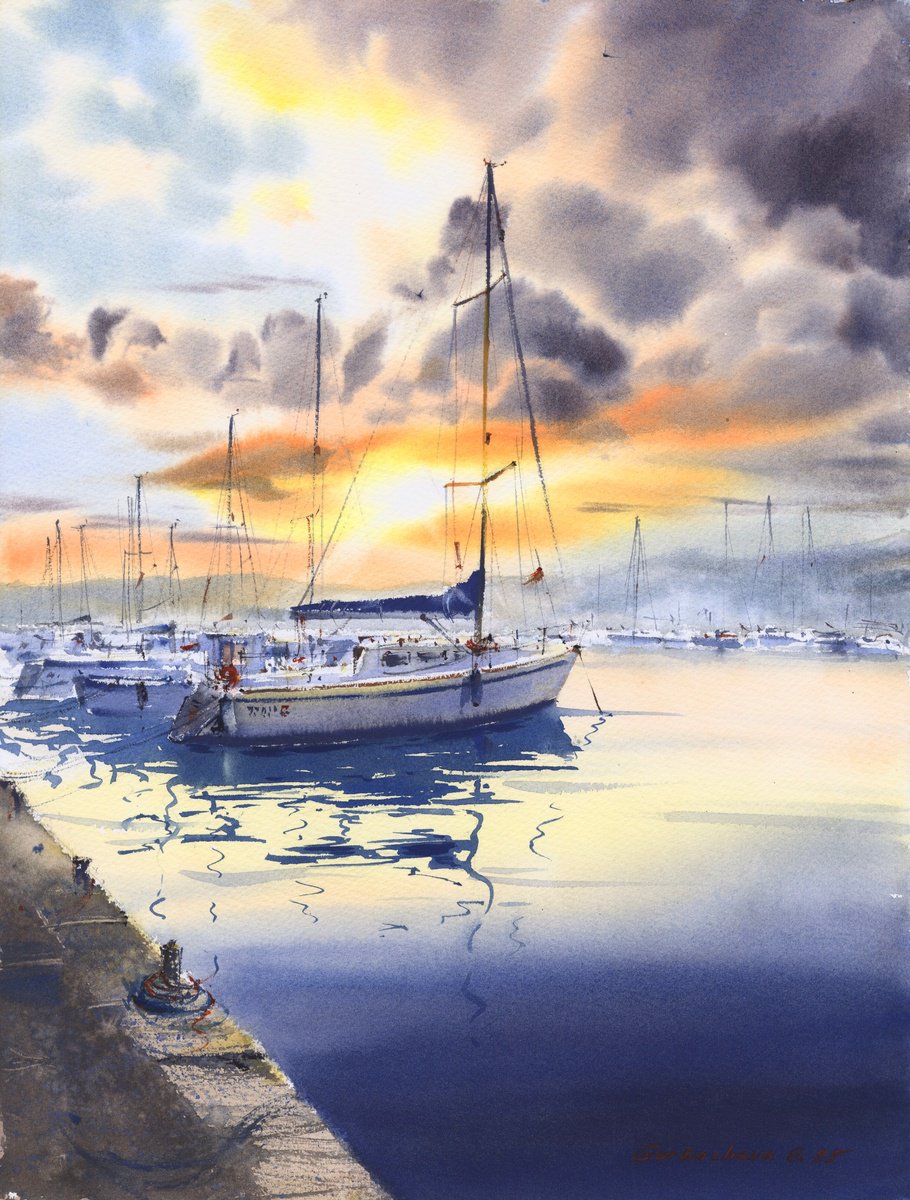Impressionistic Watercolour , Harbor In Amber By Eugenia Gorbacheva, 12 X 16, Artwork For Sale On Artfinder