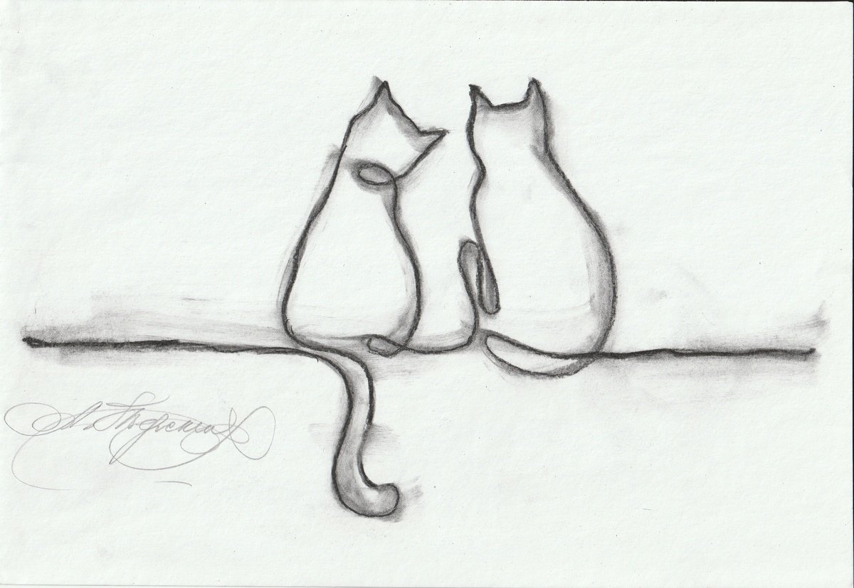 Animal Charcoal Drawing By Anastasia Terskih, 12 X 7, Cats, Original Artwork