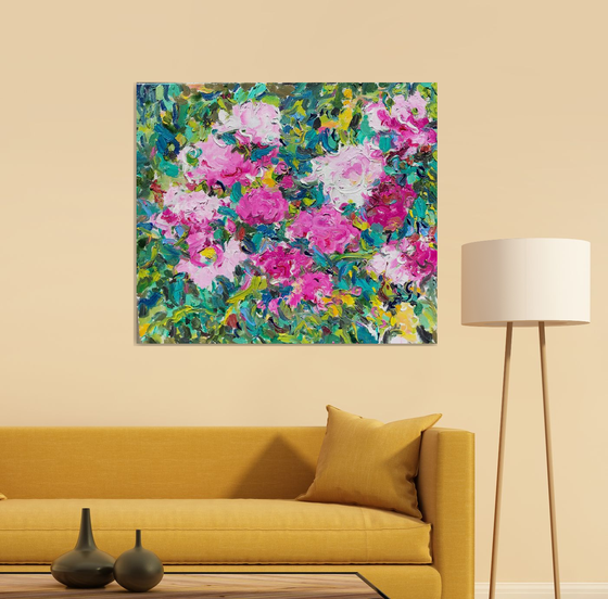 PEONIES - floral art, nature, panel with peony, original painting plants trees landscape green pink summer, impressionism art, interior home decor 85x100
