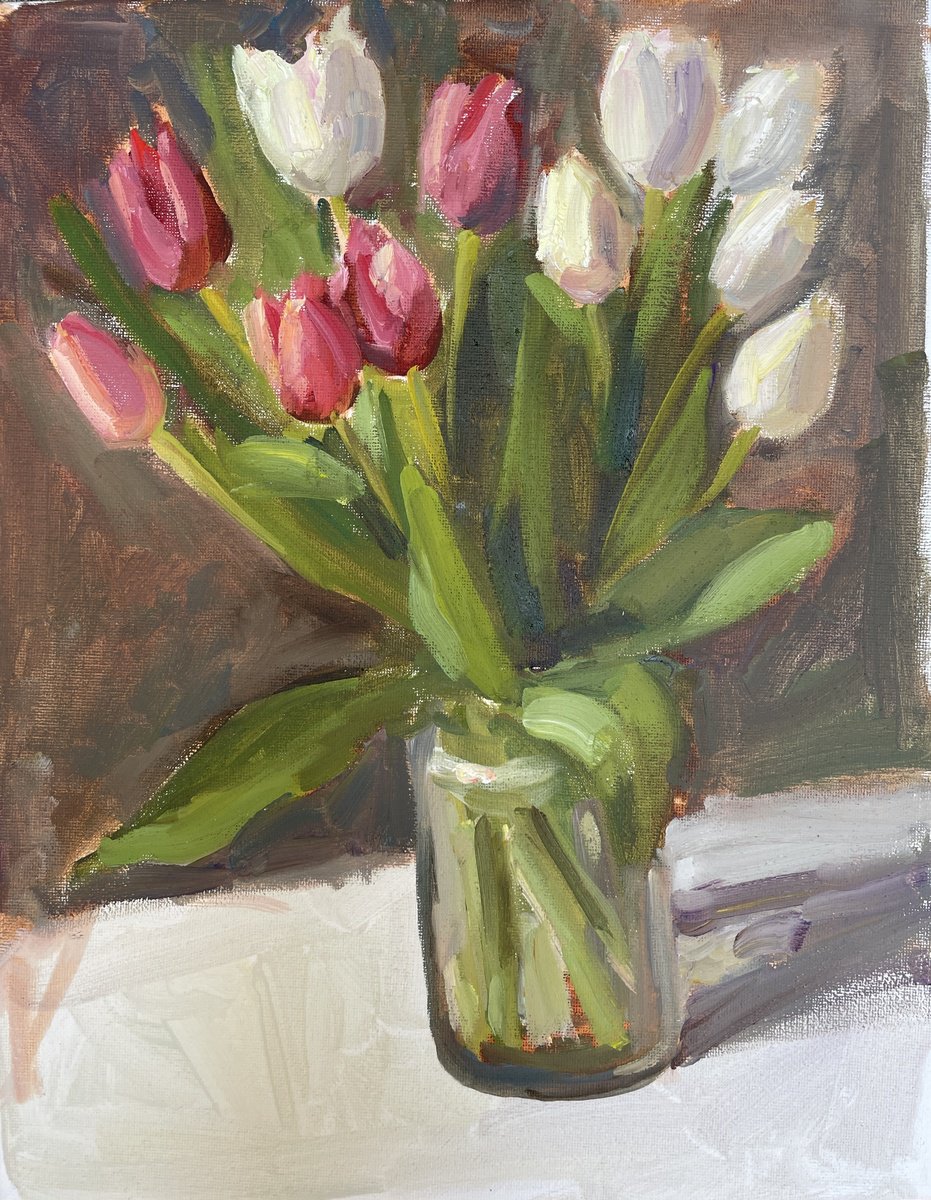 Impressionistic Botanical Oil Painting By Kate Sosonna, 11 X 14", Tulips, Original Artwork