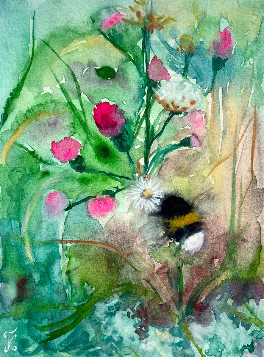 Bee Original Watercolor Painting, Bumble Bee Artwork, Summer Wall Art, Cottagecore Aesthet... by Kate Grishakova