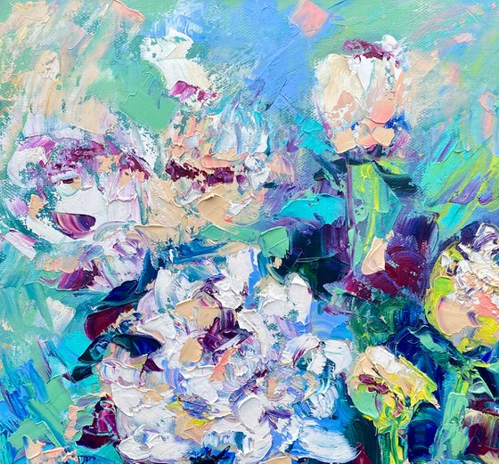 Peony - A summer joy, 35*45cm, impressionistic flowers oil painting in white and turquoise