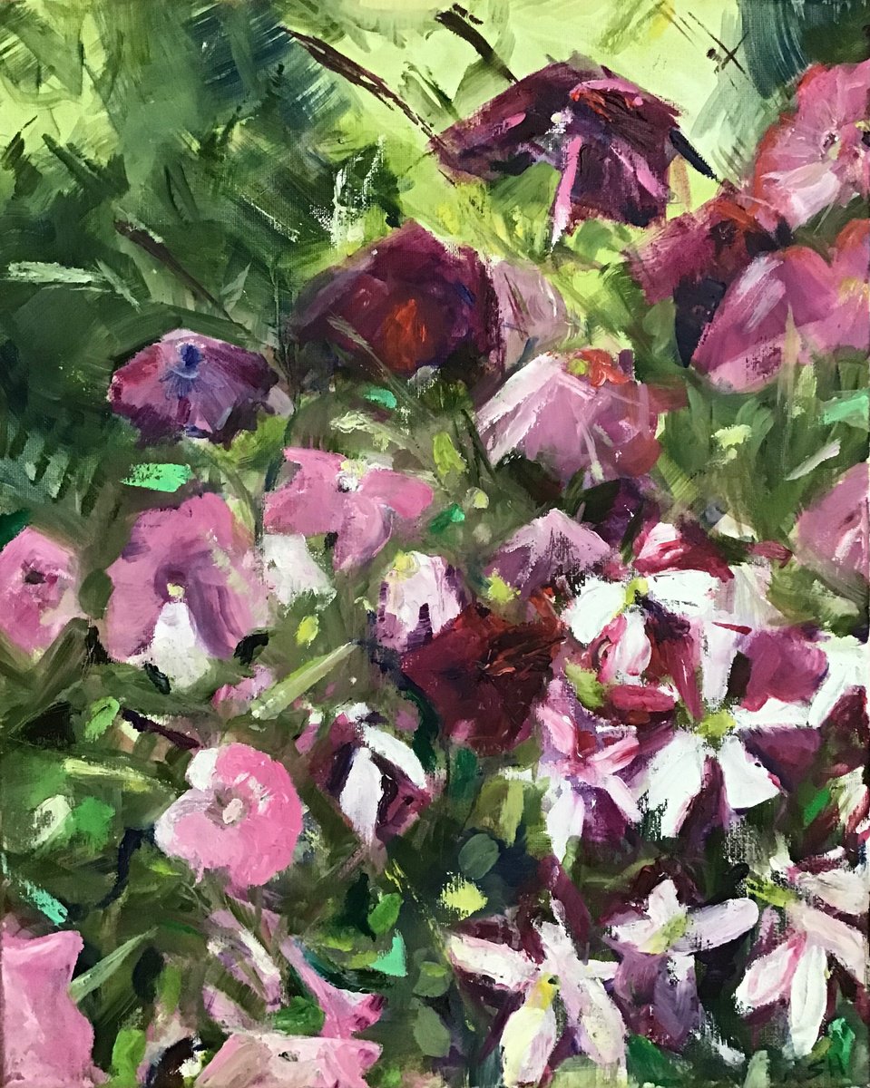 Expressive Botanical Oil Painting By Sandra Haney, 16 X 20", Petunias In The Rain, Original Artwork