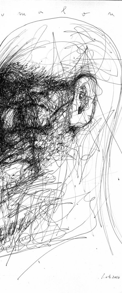 HUMAN FACE EXPRESSIVITY LOST MEMORY HUMANITY ABOUT PASSING TIME MASTER OVIDIU KLOSKA SPONTANEOUS INK PAPER by Kloska Ovidiu