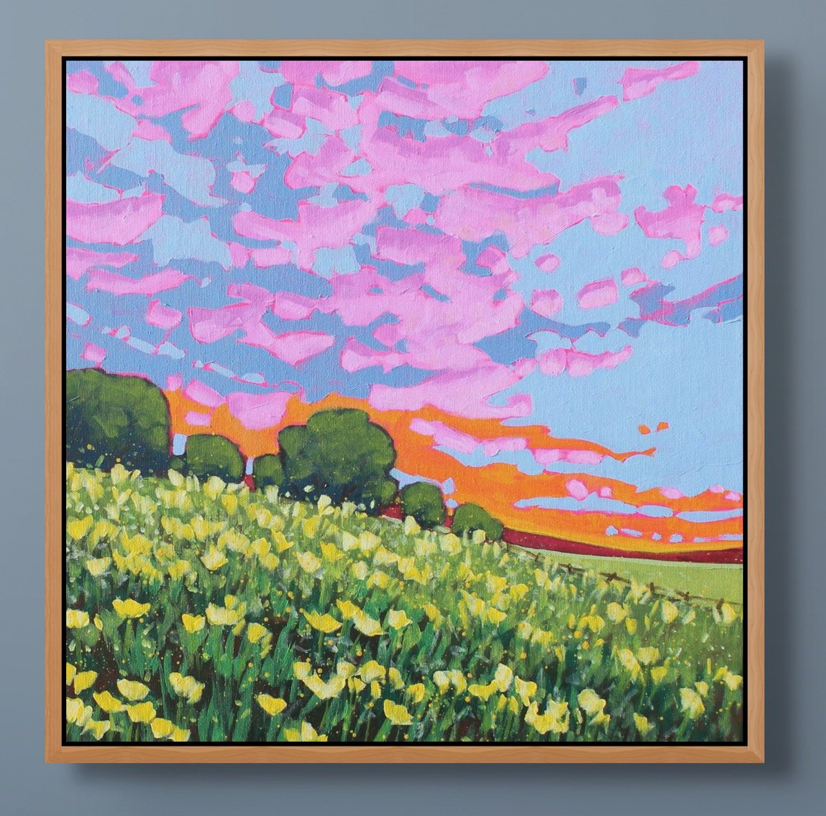 Impressionistic Landscape Acrylic Painting By Sage Mountain Studio, 16 X 16", Field Of Yellow Blooms, Original Artwork