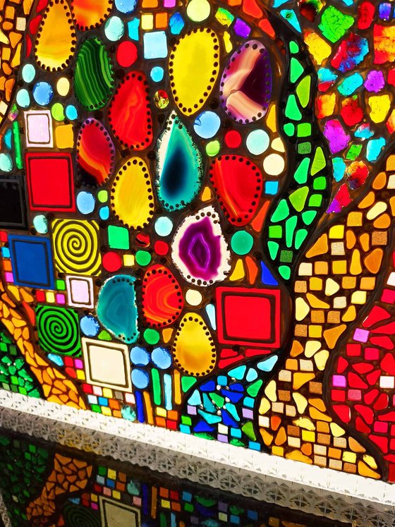 Colorful Dreams - Stained glass window backlight wall sculpture with Precious stones. Decorative colorful mosaic painting, glass art Lamp