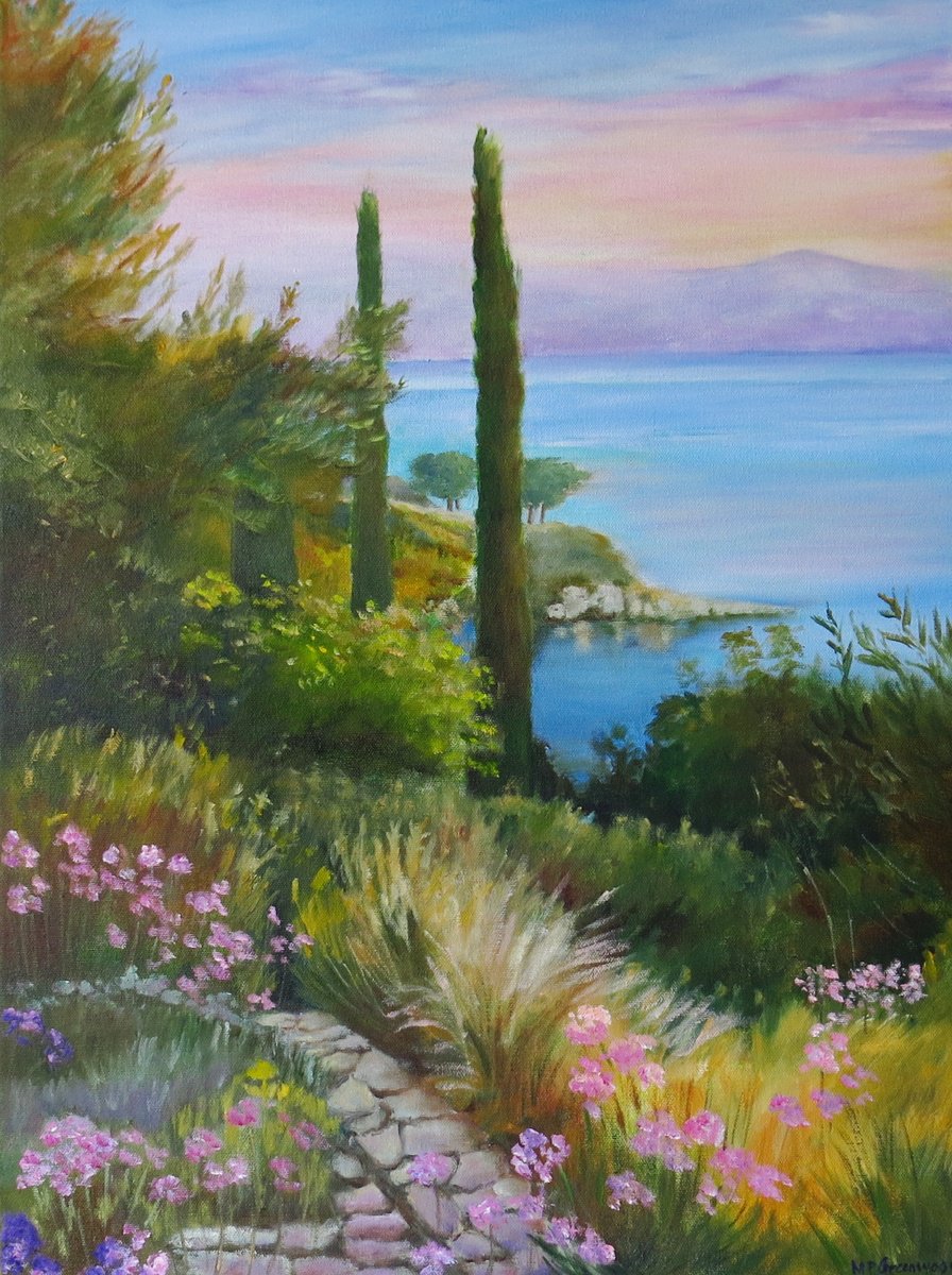 Impressionistic Landscape Oil Painting By Maureen Greenwood, 18 X 24", Kassiopeia Gardens, Corfu, Original Artwork