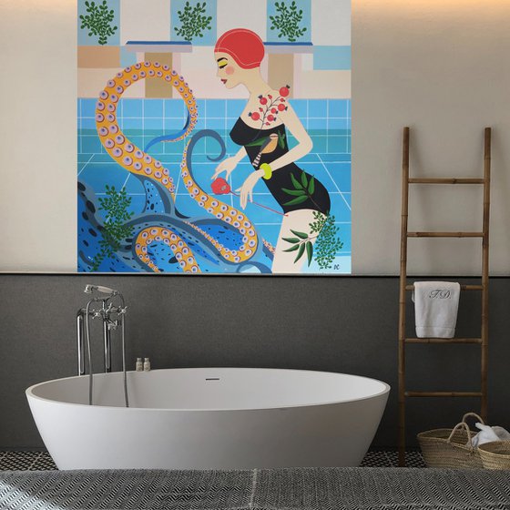 The Girl With Octopus - Tentacles - SeaLife - Swimming pool - Art-Deco - Natatorium, XL LARGE PAINTING