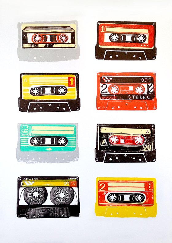 Linocut tapes #47 (cassette tapes, retro music, 70's, 80's rock culture)