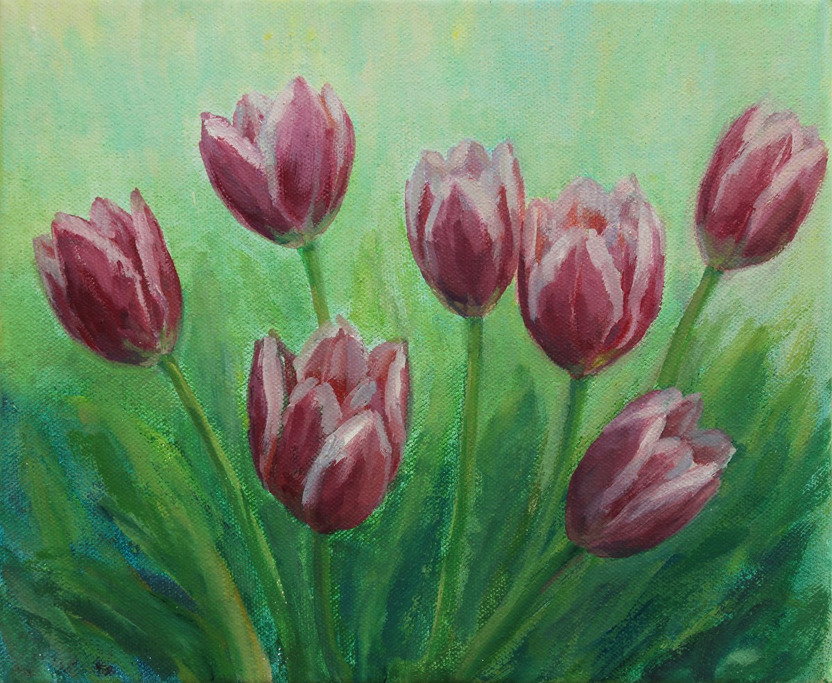 Tulips II. 2019, acrylic on canvas, 25 x 30 cm by Alenka Koderman