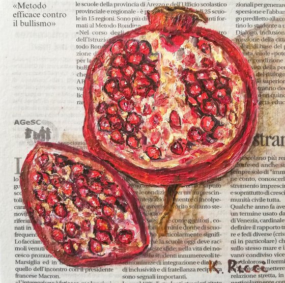 "Pomegranate on Newspaper" Original Oil on Canvas Board Painting 6 by 6 inches (15x15 cm)
