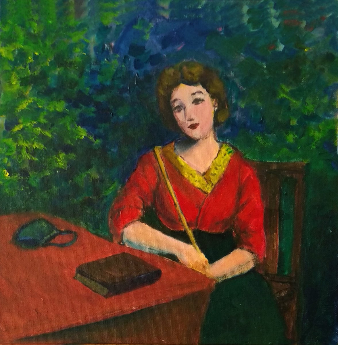 Impressionistic Portrait Acrylic Painting By Asha Shenoy, 10 X 10, Waiting For Her Valentine, Original Artwork