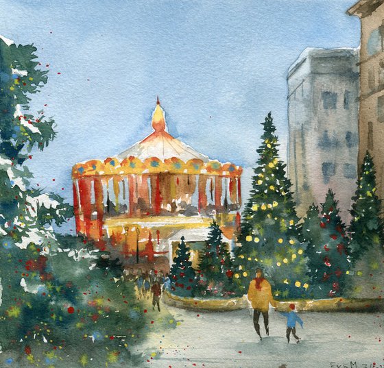 A set of two original watercolor artworks. Christmas markets in Moscow. New Year's Moscow.