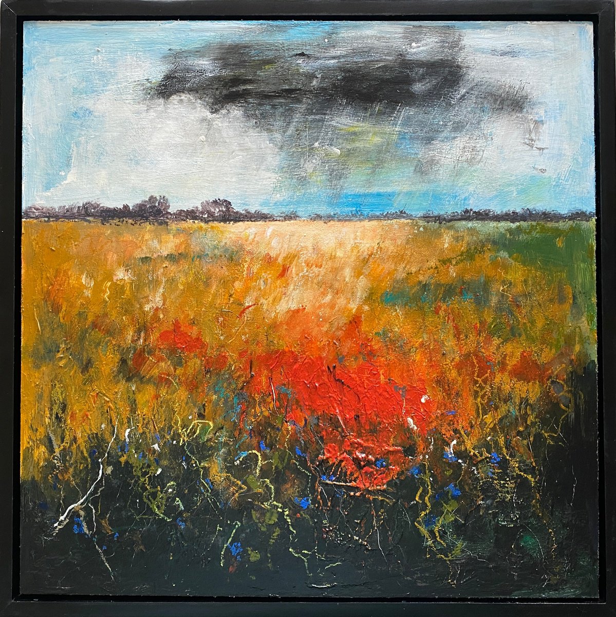 Organic Landscape Painting By Teresa Tanner, 17 X 17", Orange Field Blue Cornflowers, Original Artwork