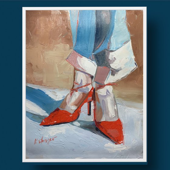 On red heels.