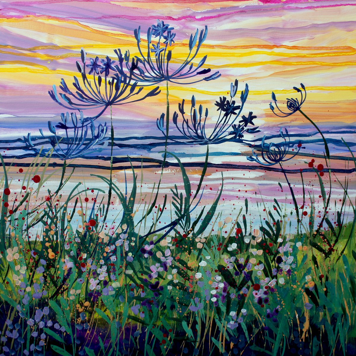 Impressionistic Landscape Acrylic Painting By Julia Rigby, 17 X 17", Sunset On Tresco, Original Artwork