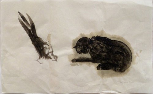 Cat and bird 1, ink painting on chinese paper, 33x53 cm by Frederic Belaubre