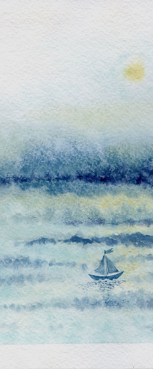 Original watercolor illustration of dreamy seascape with boat by Liliya Rodnikova