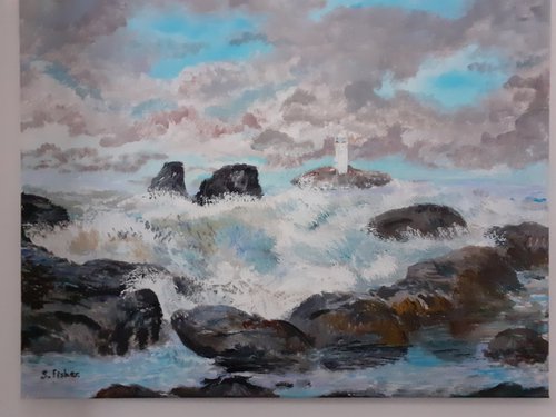 cornish coast stormy sea. by Sandra Fisher